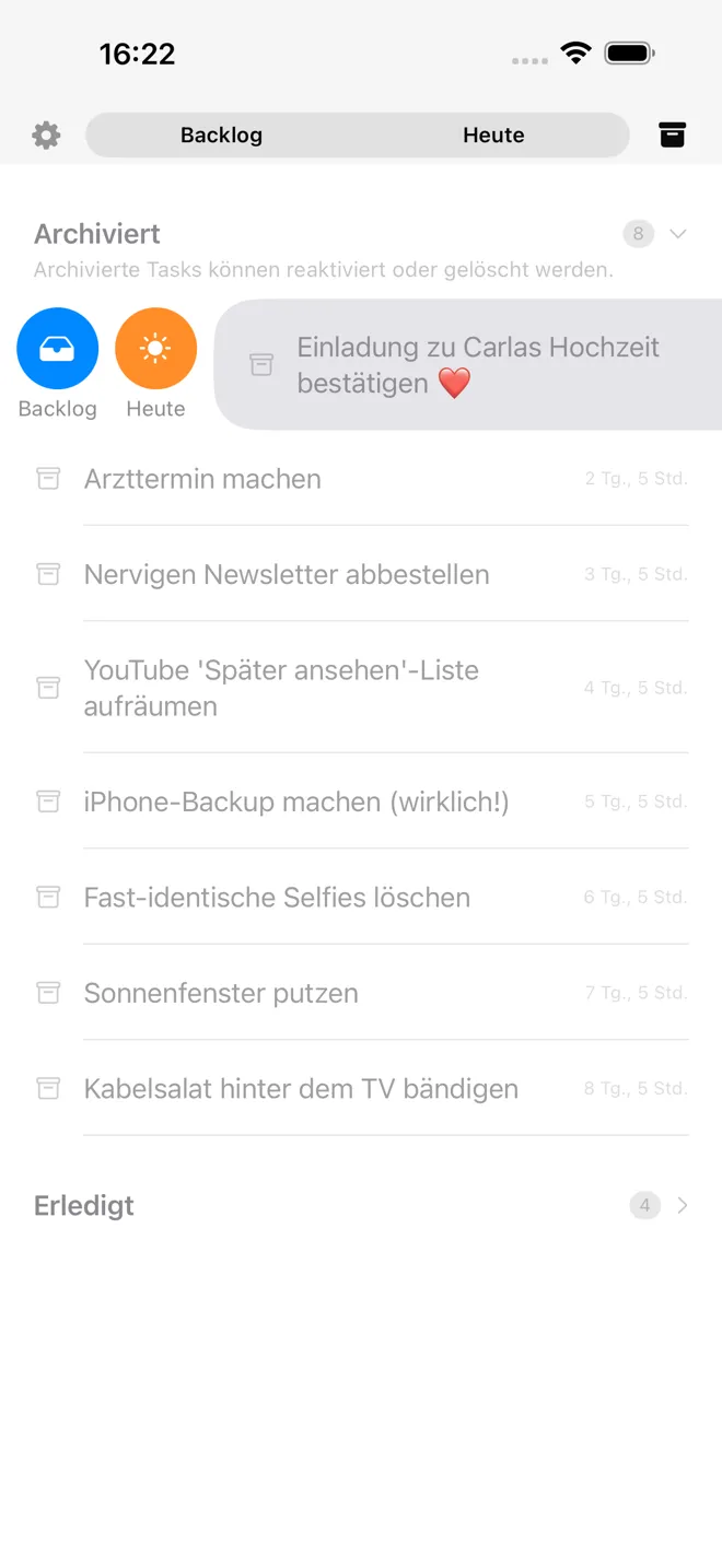 Das Archiv in Dawny mit den Bereichen Erledigt und Archiviert