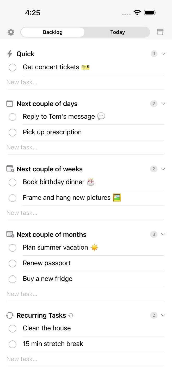 The Backlog in Dawny with the categories sorted by time horizon