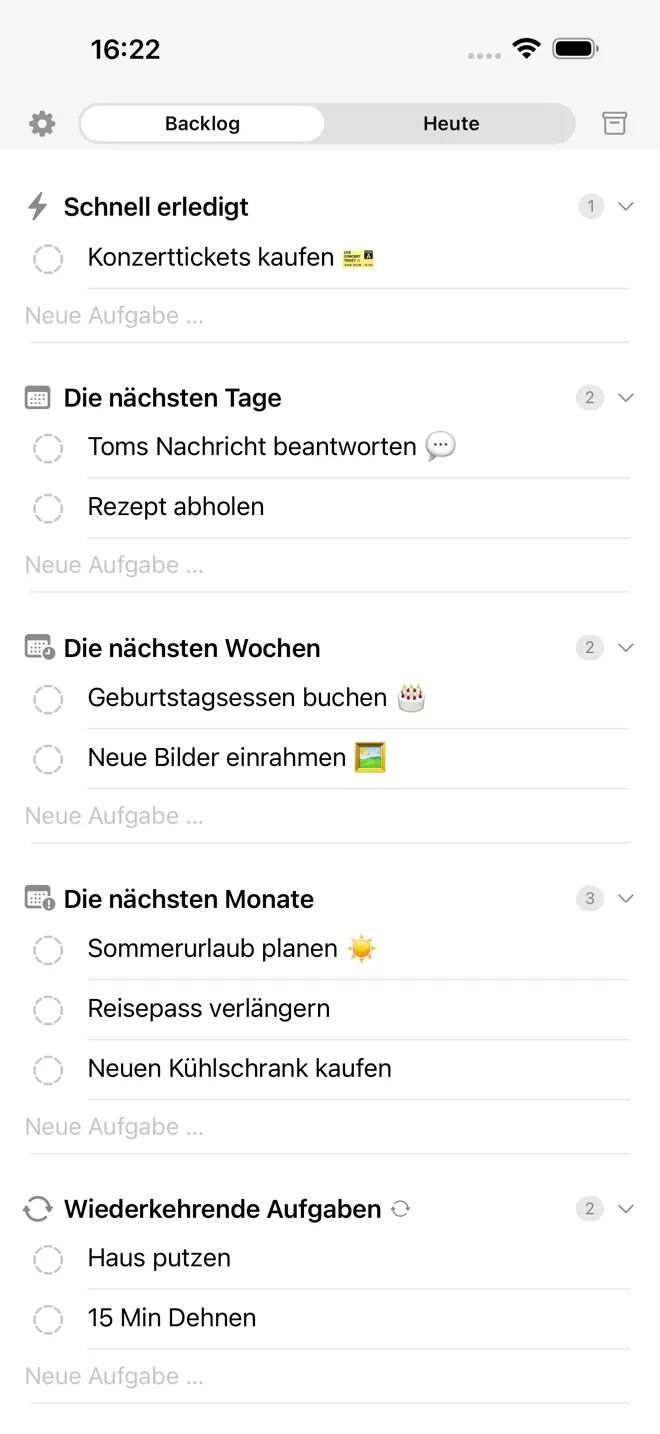 Der Backlog in Dawny mit den Kategorien nach Zeithorizont