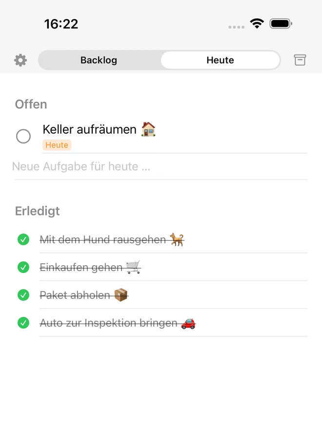 Die Heute-Ansicht von Dawny auf dem iPhone mit offenen und erledigten Aufgaben