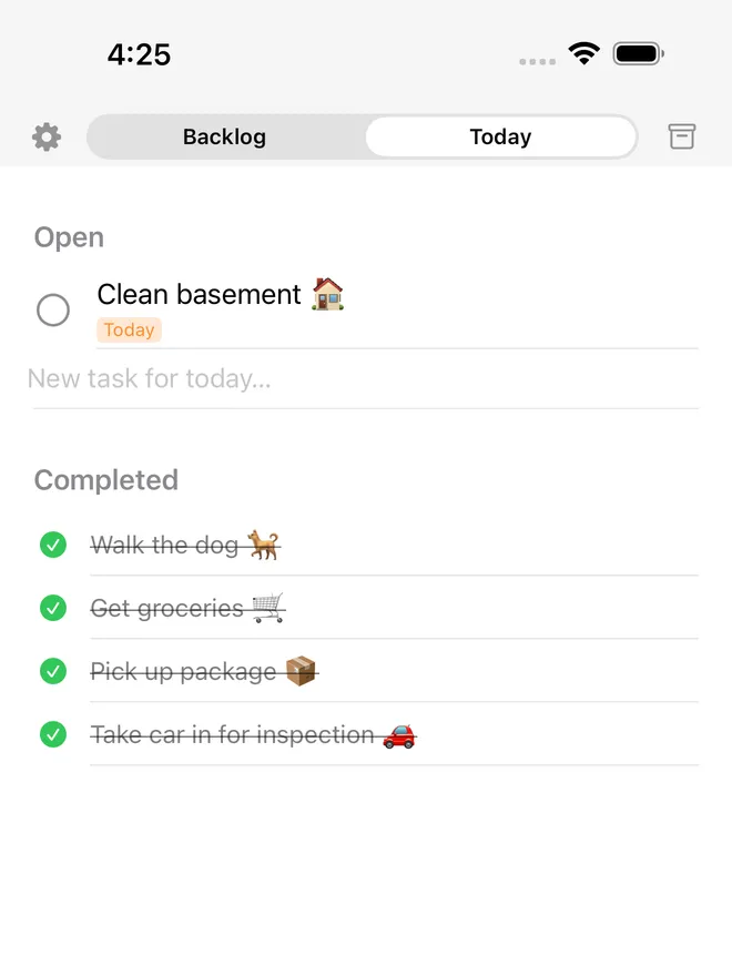 The Today view of Dawny on the iPhone with open and completed tasks