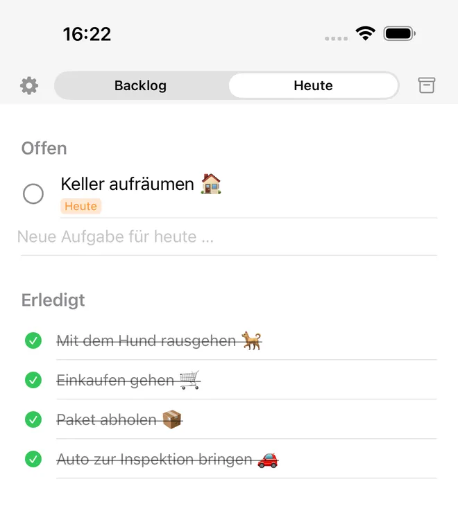Die Heute-Ansicht in Dawny mit offenen und erledigten Aufgaben