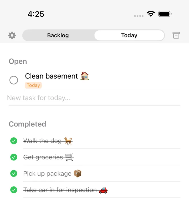 The Today view in Dawny with open and completed tasks
