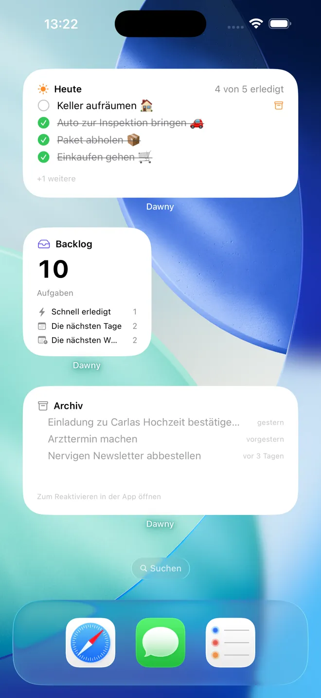 Die Dawny-Widgets für Heute, Backlog und Archiv auf dem iPhone-Homescreen