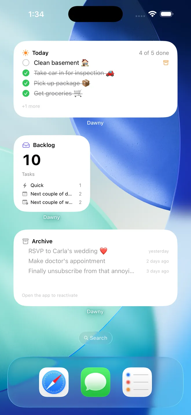 The Dawny widgets for Today, Backlog and Archive on the iPhone home screen